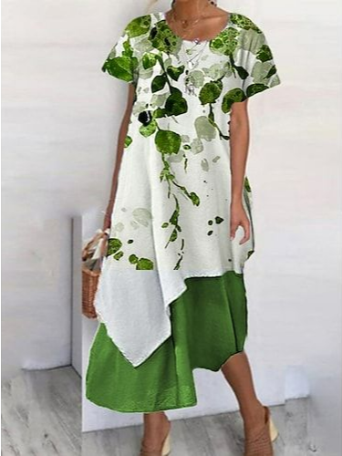

Crew Neck Loose Vacation Dress, Green, Dresses