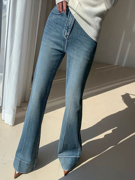 

Plain Loose Elegant Bell-Bottom Jeans, Blue, DENIM