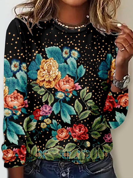 

Women’s Plant Pattern Floral Casual Crew Neck Plants Regular Fit Shirt, As picture, Long sleeves