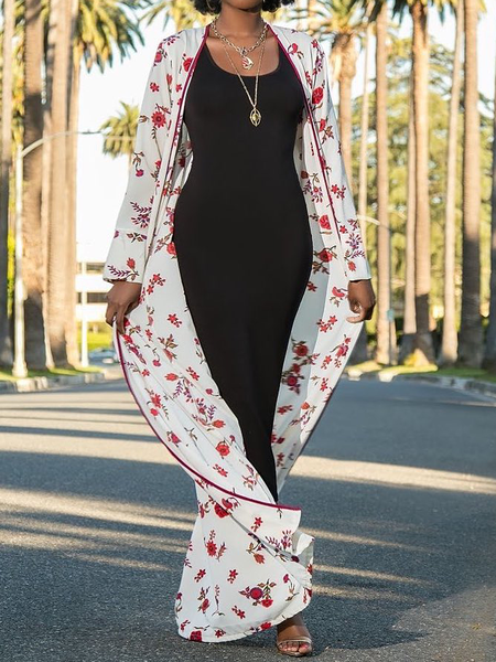 

Vacation Floral Loose V neck Long sleeve Long Kimono, White, Coats