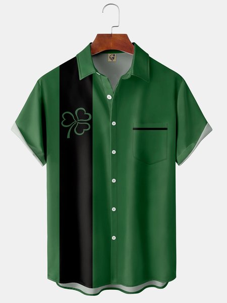 Big Size St. Patrick's Day Shamrock Chest Pocket Short Sleeve Bowling Shirt, Green, Men Shirts