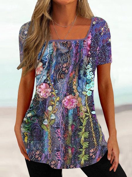 

Casual Floral Knitted T-Shirt, Purple, T-Shirts