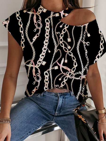 Abstract Chain Print Loose Urban Cold Shoulder T-Shirt, Black, Tees