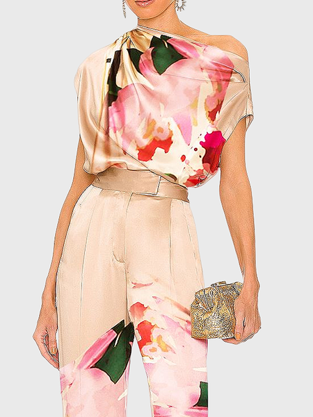 

Abstract Loose Cap sleeve Asymmetrical Urban Shirt, Pink, Blouses and Shirts