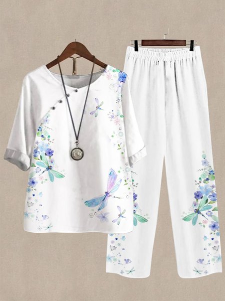 Linen Buttoned Floral And Dragonfly Two-Piece Set, White, Suits