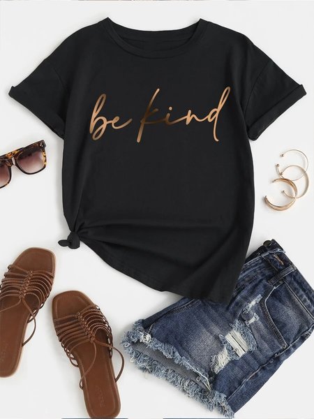 

Loose Casual Text Letters T-Shirt, Black, Tees & T-shirts