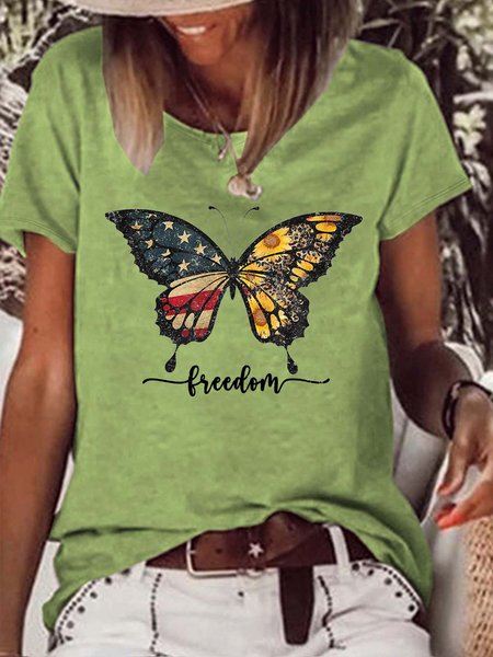 

Women’s Freedom America Flag Butterfly Sunflower Text Letters Casual Cotton T-Shirt, Green, T-shirts