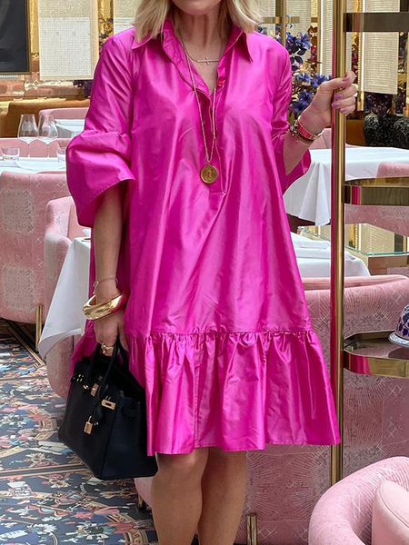 

Plain Elegant Shirt Collar Short sleeve Loose Skirt Dress, Rose red, Mini Dresses