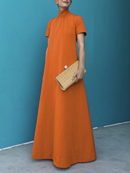 

Vacation Stand Collar Plain Short Sleeve Maxi Dress, Orange, Maxi Dresses
