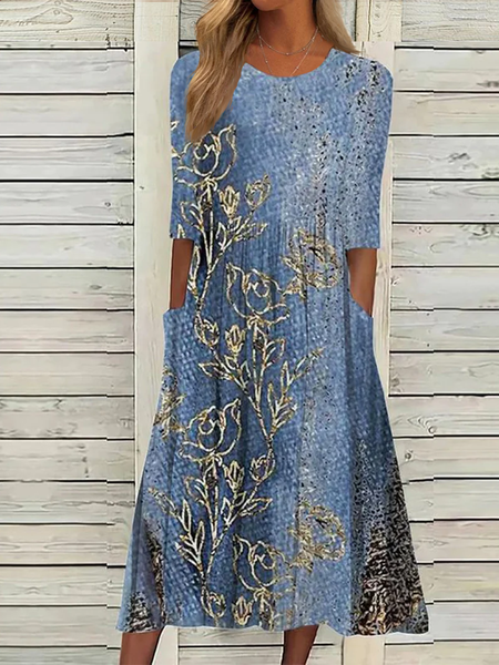 

Casual Floral Knitted Loose Dress, Blue, Dresses