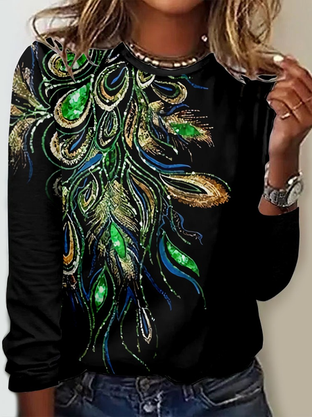 

Women's Art Feather Pattern Printing Casual Shirt, As picture, Long sleeves