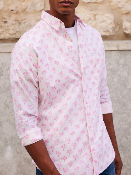 

Big Size Chest Pocket Coconut Tree Long Sleeve Shirt, White, Men Shirts