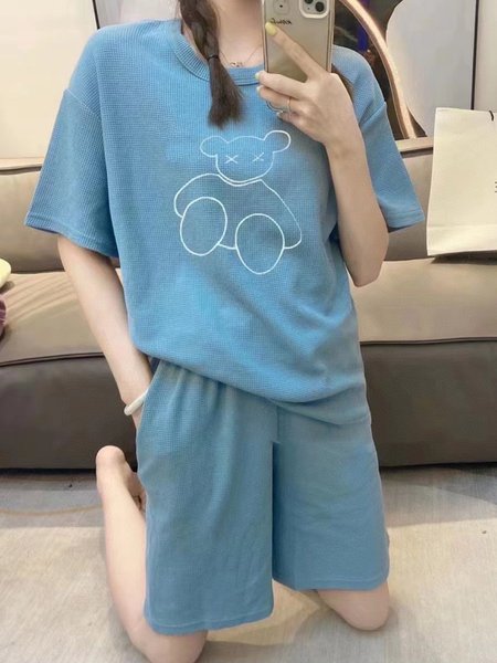 Soft and Comfortable Waffle Round Neck Short Sleeve Shorts Loose Loungewear Set, Blue, Loungewear & Sleepwear