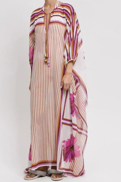 

Vacation Loose Crew Neck Striped Dress, Pink, Maxi Dresses