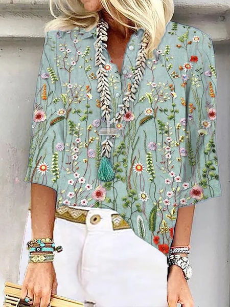 

V Neck Floral Loose Casual Shirt, Aqua, Shirts & Blouses