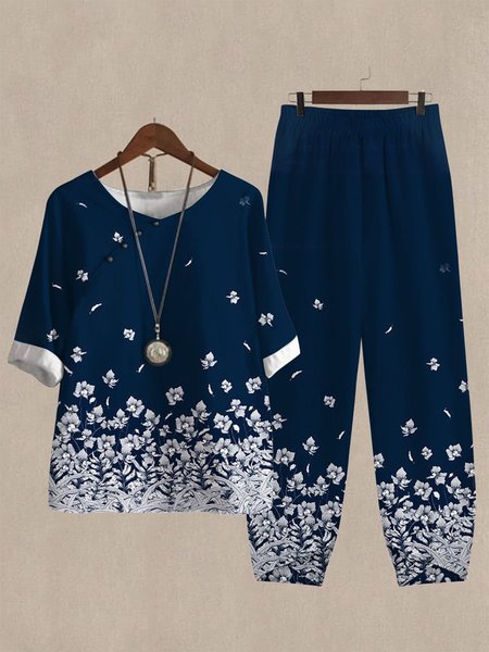 

Floral Loose Cross Neck Linen Two-Piece Set, Dark blue, Tops