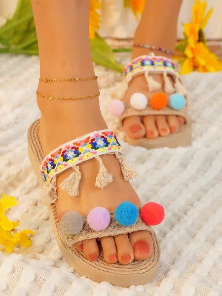 

Bohemian Colored Fur Balls Tassels Ethnic Weaving And Embroidery Holiday Sandals, Multicolor, Sandals