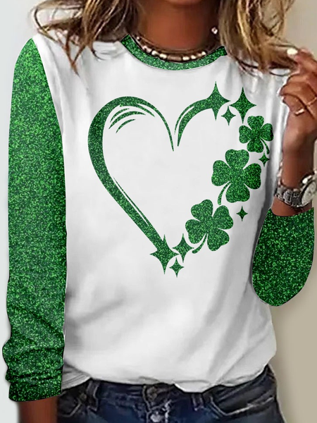 

Women's Four-Leaf Clover Heart Regular Fit Simple Shirt, Green, Long sleeves