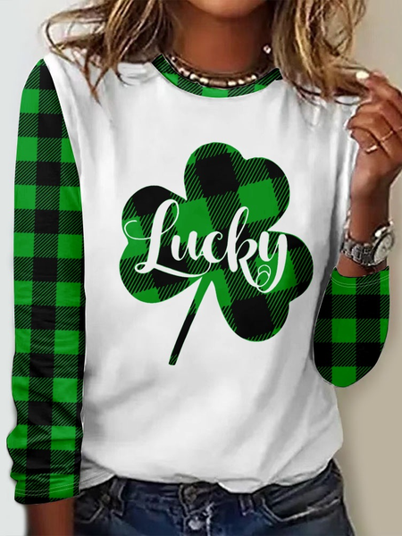 

Women's St. Patrick's Day Green Buffalo Plaid Funny Graphic Printing Crew Neck Regular Fit Plants Casual Shirt, As picture, Long sleeves