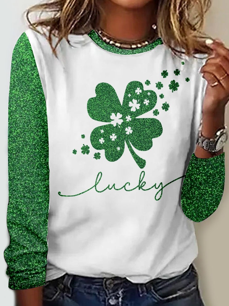 

Women's Lucky Four-Leaf Clover Crew Neck Simple Regular Fit Shirt, Green, Long sleeves