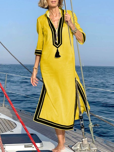 

Color Block V Neck Vacation Dress, Yellow, Midi Dresses