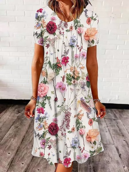 

Casual Floral Loose Crew Neck Dress, Multicolor, Mini Dresses