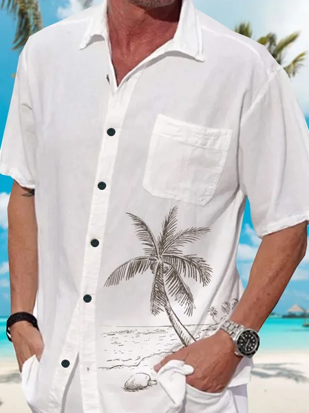 

Big Size Coconut Tree Chest Pocket Short Sleeve Resort Shirt, White, Men Shirts