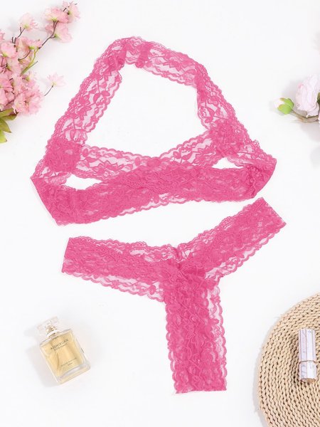 

Valentine's Day Lace Hollow Sexy Lingerie Set, Rose red, Bra&Panty