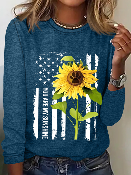 

Women's Funny Word Sunflower American You Are My Sunshine Long Sleeve Simple Shirt, Blue, Long sleeves