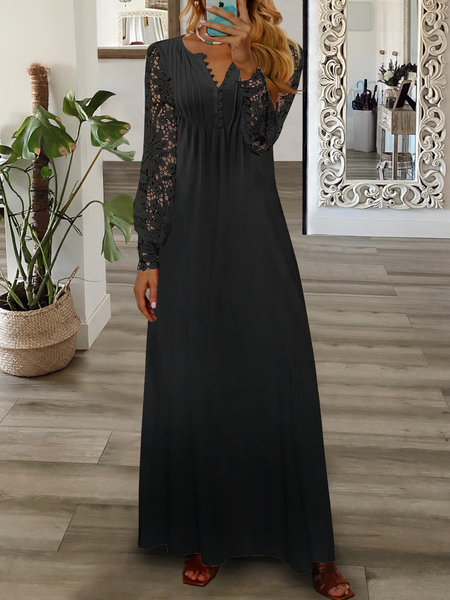 

Loose Casual Half Open Collar Lace Dress, Black, Dresses