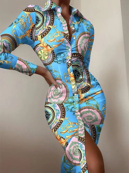 

Shirt Collar Tight Abstract Elegant Dress, As picture, Midi Dresses