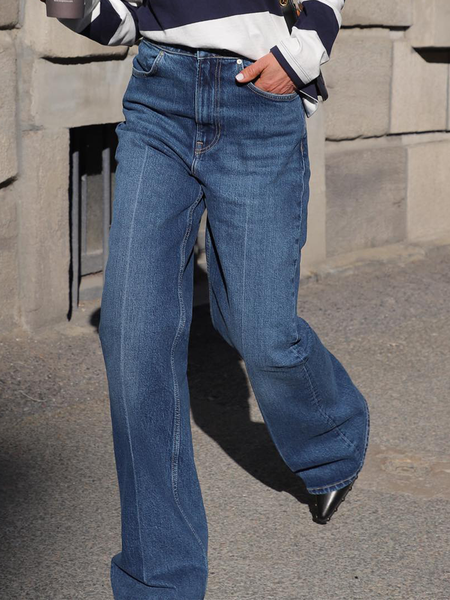 

H-Line Plain Urban Loose Jeans, Blue, DENIM