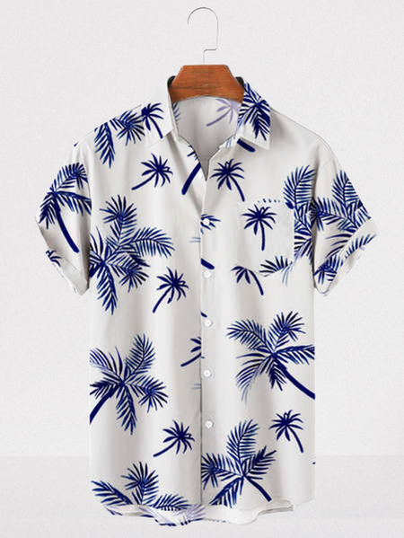 

Big Size Leaf Chest Pocket Short Sleeve Hawaiian Shirt, White, Men Shirts