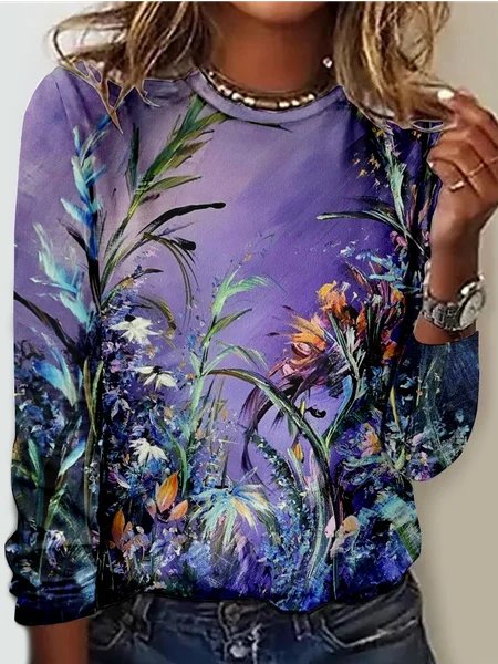 

Women’s Plant Pattern Floral Casual Plants Crew Neck Shirt, As picture, Long sleeves