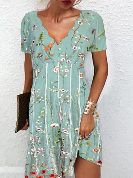

Floral V Neck Loose Casual Smock Dress, Aqua, Dresses