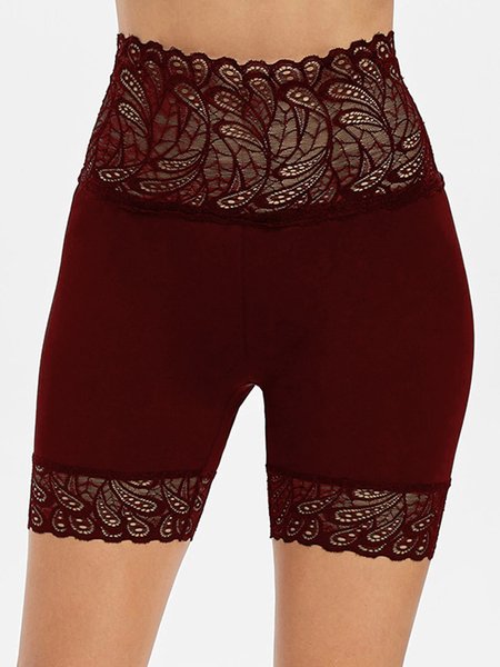 

Lace High Waist Hip Lift Slim Solid Color Breathable Leggings, Wine red, Boyshorts