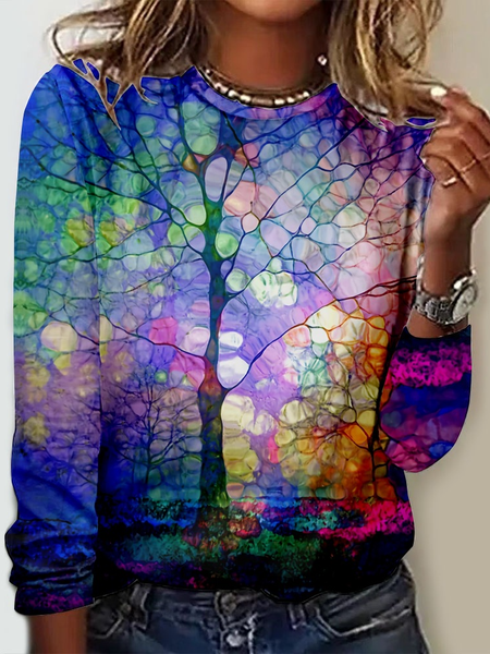 

Women's Art Printing Floral Casual Crew Neck Shirt, As picture, Long sleeves