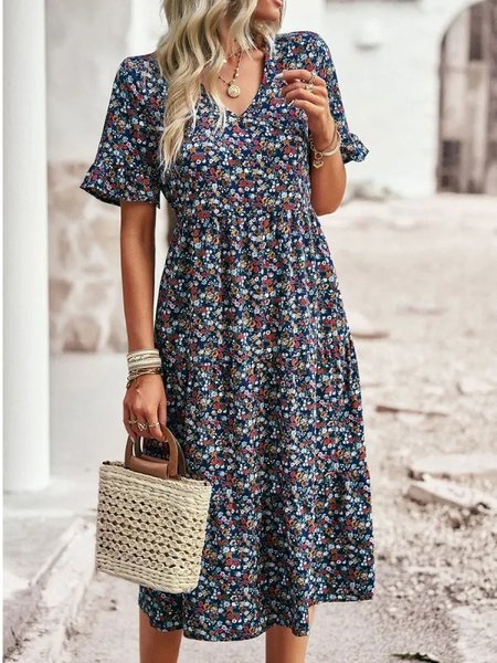 

Loose Casual Floral V Neck Dress, Multicolor, Dresses