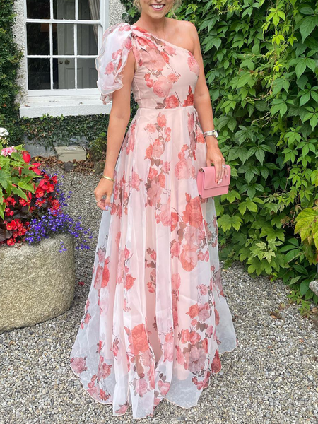 

Elegant One Shoulder Wedding Guest Dress, Pink, Maxi Dresses
