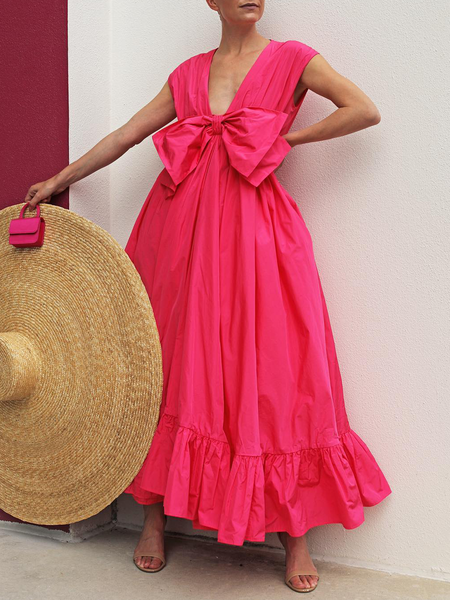 

V Neck Regular Fit Plain Casual Dress, Pink, Maxi Dresses
