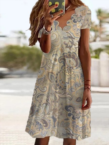 

Vintage Loose V Neck Ethnic Dress, Multicolor, Dresses