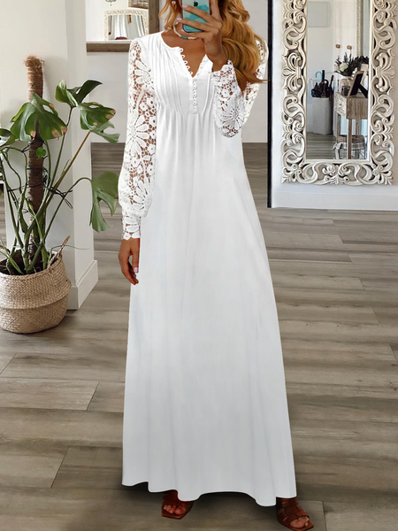 

Loose Casual Half Open Collar Lace Dress, White, Dresses