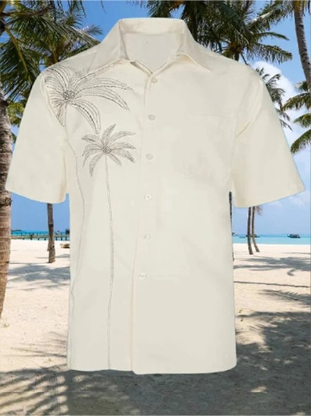 

Big Size Embroidered Coconut Tree Short Sleeve Shirt, White, Men Shirts