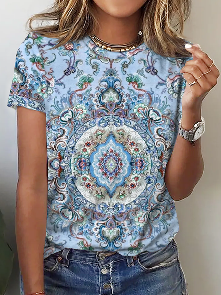 

Crew Neck Boho Loose Ethnic T-Shirt, Blue, T-shirts