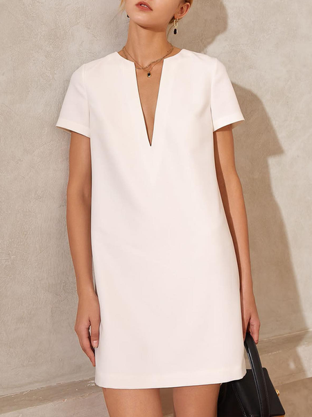

Plain Loose V Neck Casual Dress, White, Midi Dresses