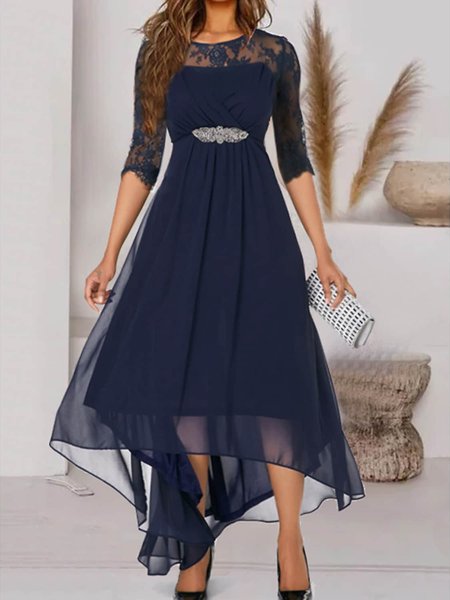 

Plain Crew Neck Split Joint Elegant Dress, Dark blue, Formal Dresses
