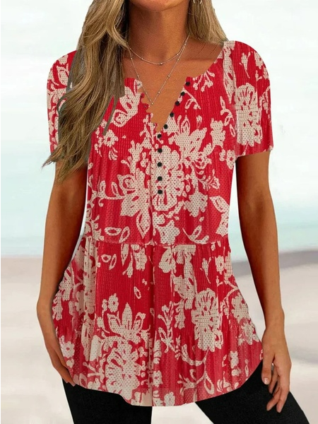 

Casual Floral Regular Fit V Neck Shirt, Red, Shirts & Blouses