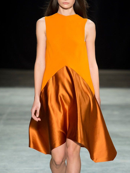 

Loose Plain Crew Neck Elegant Dress, Orange, Midi Dresses