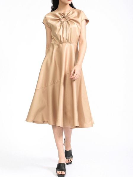 

Plain Satin Crew Neck Elegant Dress, Beige, Midi Dresses