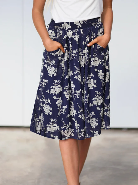 

Floral Cotton-Blend Loose Casual Skirt, Navyblue, Skirts